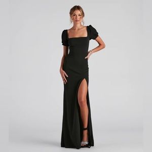 Puff sleeve black open back long dress